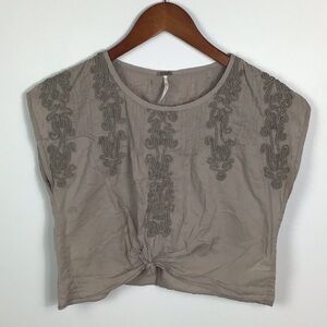 Free people crop top tan embroidered pin tuck detail 100% cotton size XS
